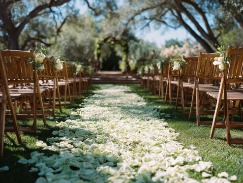 Outdoor wedding ceremony aisle sage green rose petal wooden chair garden setting with floral arch under oak tree soft sunlight
