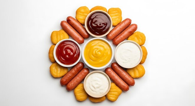 An assortment of popular fast food items and condiments arranged in a circular pattern