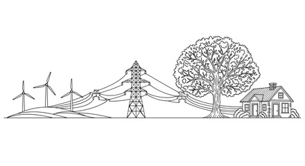 Black and white illustration of sustainable energy landscape with power lines. © Avis_Sunani
