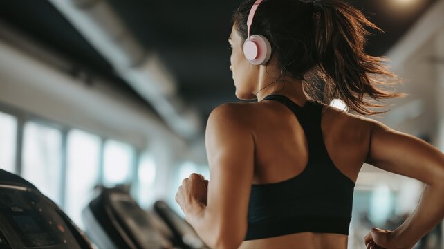 日本人女性がジムでランニングマシンを使い運動している後ろ姿。健康やフィットネス関連の広告や記事に最適なスポーツシーン