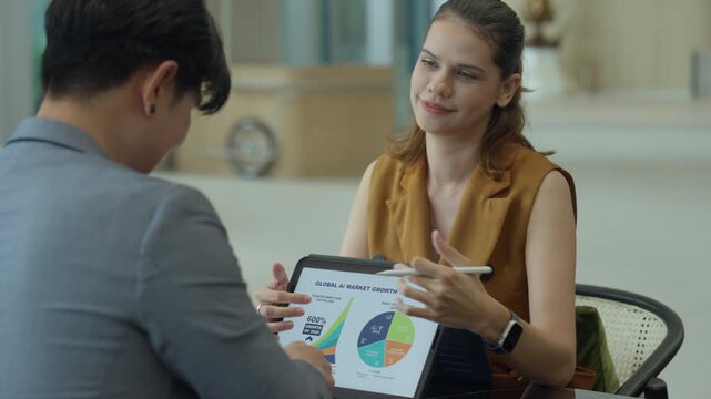 Business marketing strategy ai model meeting office tablet presentation data insight as young professional coworker discuss market growth analytics guide woman presenting growth chart report