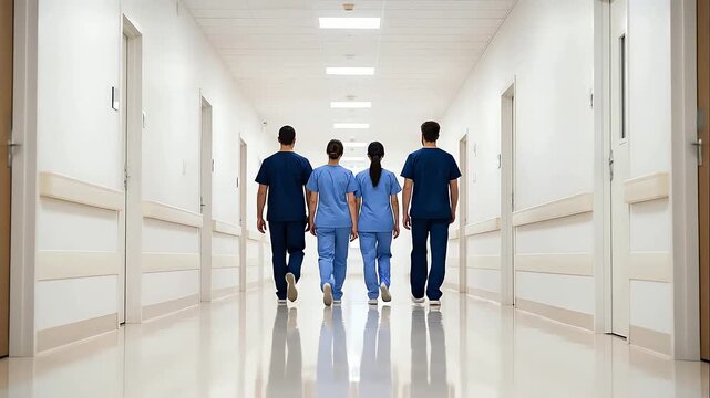 Diverse medical team walking hospital corridor