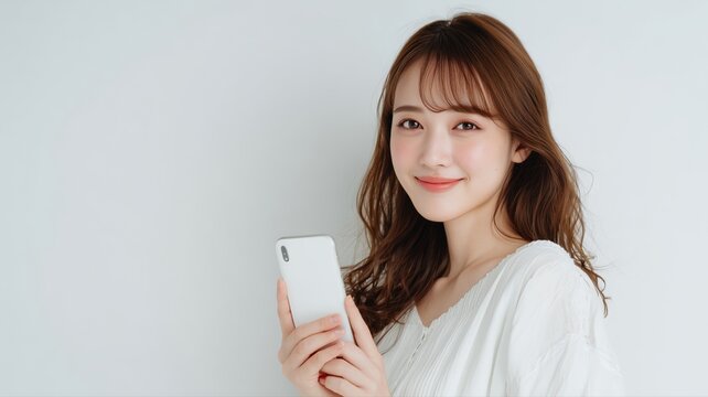 日本人女性がスマートフォンを持って微笑んでいる姿。コミュニケーションやSNS利用シーンに適したイメージ素材。
