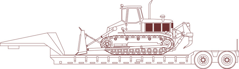 Technical vector outline of a heavy bulldozer with a ripper on a lowboy trailer, side elevation for industrial logistics. © Riki
