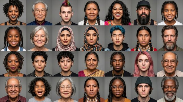 Diverse group of people with different ages and ethnicities smiling and looking at the camera with neutral expressions on their faces in a grid pattern