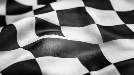 Fototapeta premium Wavy close-up of a black and white checkered flag, showcasing fabric texture and folds