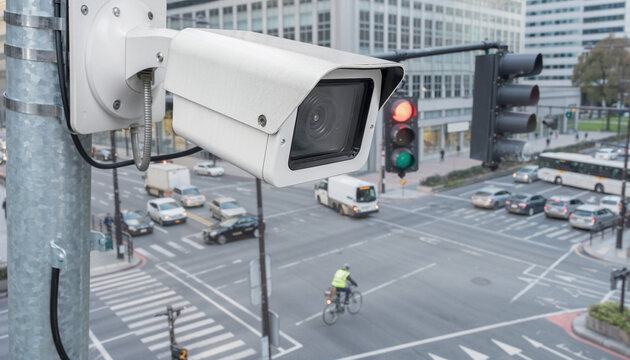 Security camera captures city intersection with traffic lights, ideal for urban surveillance, traffic management, city planning, and safety monitoring projects.