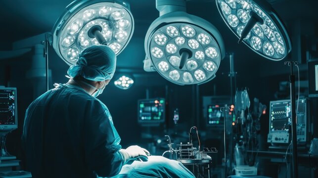 Surgeon in scrubs and cap operates under bright lights in a surgical theater