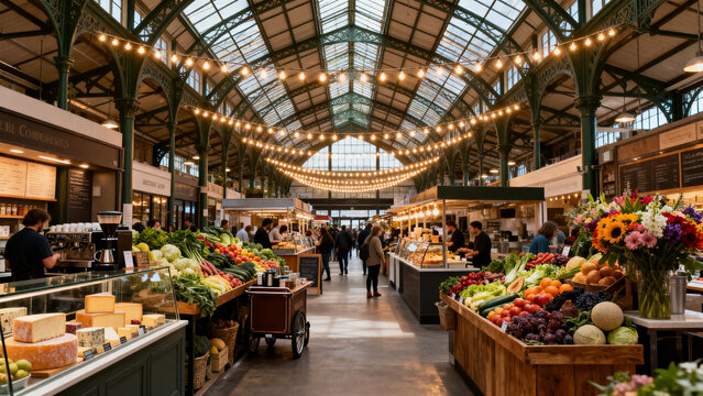vibrant indoor farmers market with fresh produce and bustling shoppers under glass roof