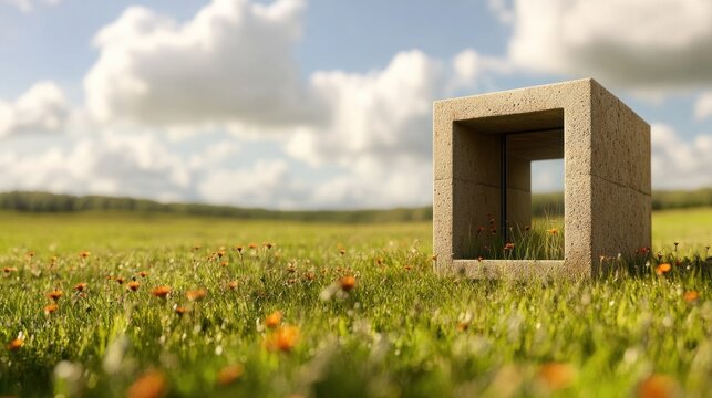 A stone cube sits in a wildflower meadow under a sunny, cloudy sky