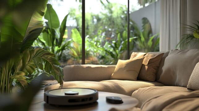 Modern living room with a cleaning robot on the coffee table, large windows, and lush green views