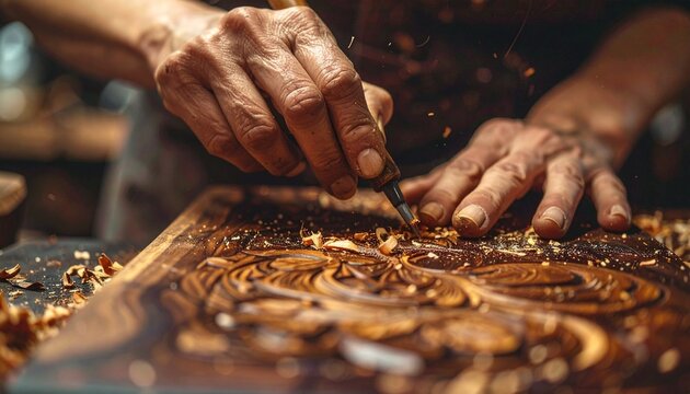 artisan's hands carving intricate patterns into a piece of dark 