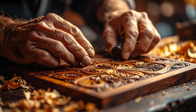 artisan's hands carving intricate patterns into a piece of dark 