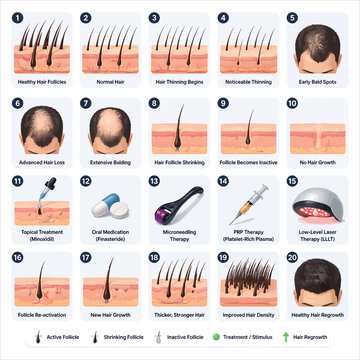 Hair Loss Stages & Treatment Infographic &ndash; Balding to Hair Regrowth