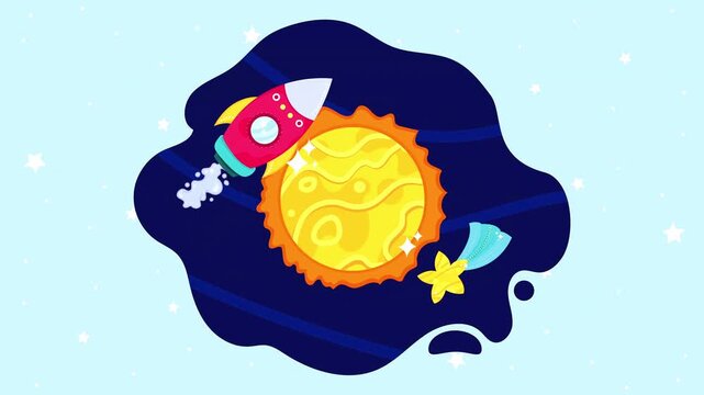 Rocket ship flying around a sun with a falling star in a cosmic starry space.