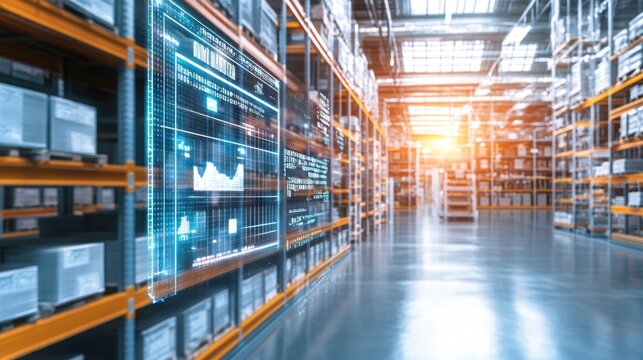 Interior shot of a large warehouse with shelves of packaged goods, data display overlay