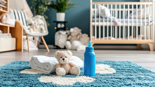 Soft focus shot of a nursery featuring a teddy bear, bottle, crib, and toys on a patterned rug
