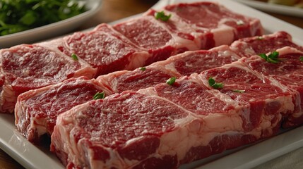 Fototapeta premium Close-up shot of raw, marbled steaks arranged on a white platter with green garnish