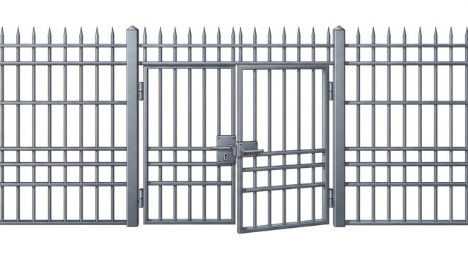 Metal Fence Gate with Vertical Bars and Locking Mechanism.
