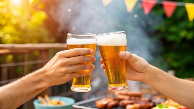 Friends clinking beer glasses in backyard barbecue celebration