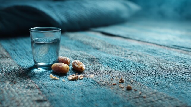 Predawn Scene Featuring Halfeaten Dates and Glass of Water on Rug