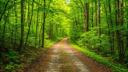 Obraz premium Serene forest path with lush green trees and sunlight filtering through