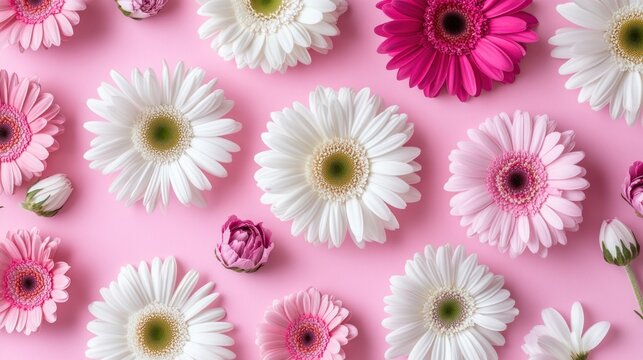 Overhead shot of diverse gerbera daisies arranged on a smooth, pastel pink background