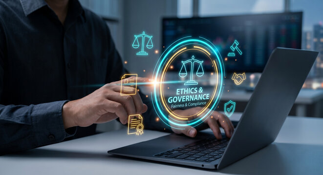 Businessman interacting with digital ethics and governance interface on laptop, isolated on transparent background, representing corporate responsibility.