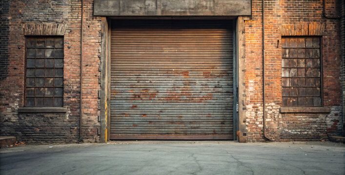 Rusty industrial garage door with brick walls and metal windows