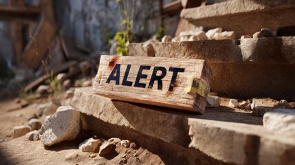 Fototapeta premium Alert Sign on Stone Stairway Leading to Barricaded Entrance
