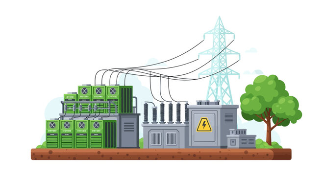 Electrical power substation facility with transformer equipment and transmission tower.