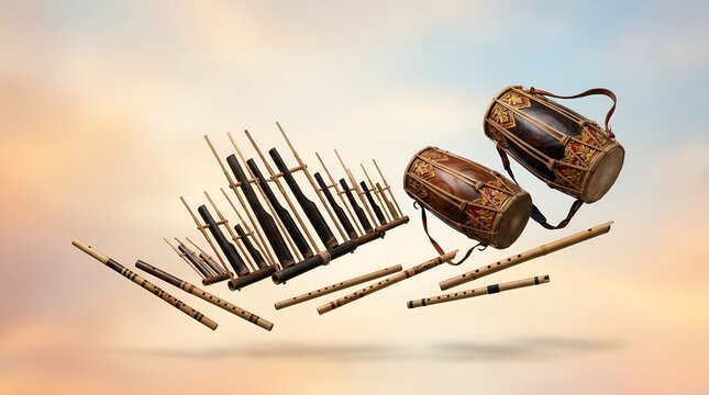Surreal floating instruments for creative ads, music campaigns, and modern cultural branding visuals.