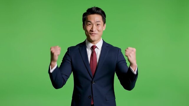 A young Asian businessman in a suit and tie excitedly celebrating success with a green screen background, conveying a sense of achievement and joy.