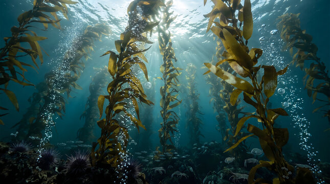 Underwater View of a Sunlit Giant Kelp Forest Ecosystem with Rising Bubbles and Marine Life
