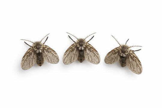 three drain fly specimens with soft moth like wings arranged in a gentle arc for a minimal wallpaper design fuzzy taupe bodies hygiene inspection concept on white background