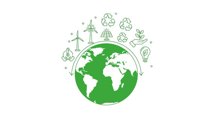Fototapeta premium Green Earth Globe Surrounded by Eco Friendly Sustainability Icons.