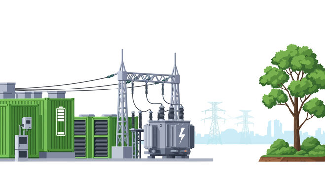 Electrical substation with transformer and battery energy storage system.