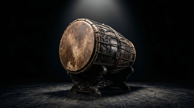 Traditional kendang drum with dramatic lighting, perfect for music branding, rhythm concepts, and bold cultural visuals.