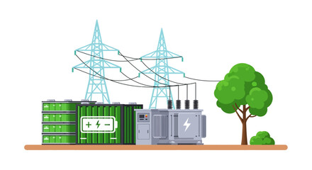 Naklejka premium Industrial energy storage system with power transformer and transmission towers.