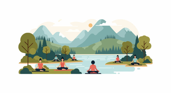Serene Outdoor Yoga Retreat Scene with Mountains and Lake