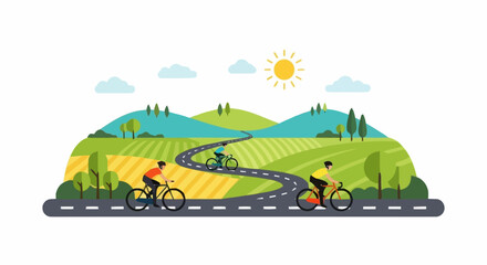 Fototapeta premium People cycling on a scenic road through rolling hills and farmland