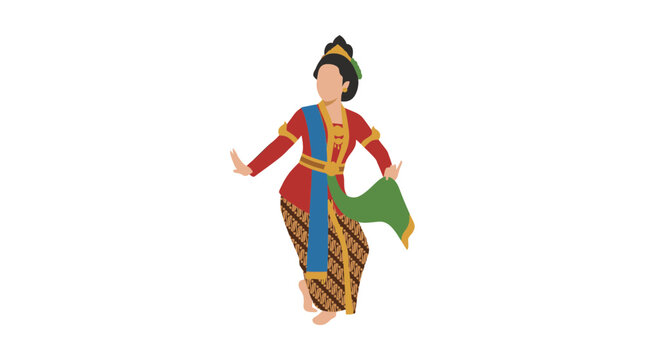 Traditional Javanese Dancer in Red Kebaya and Batik Sarong Vector Illustration Isolated on White Background