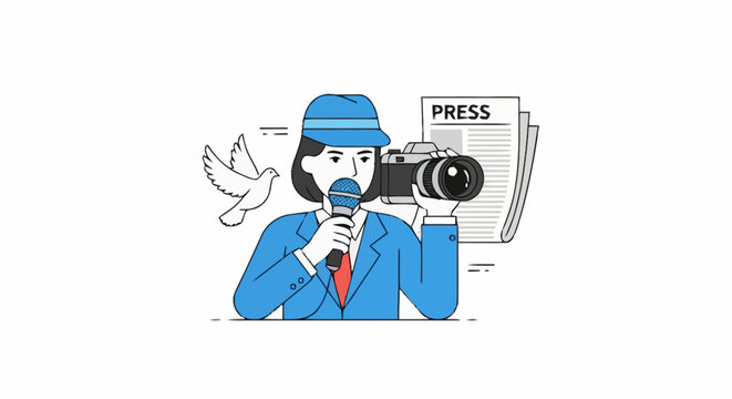 Journalist Captures News Story with Camera and Microphone a Symbol of Free Press and Information Dissemination