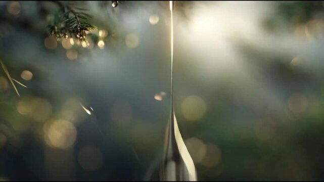 Sunlight filtering through evergreen branches with water droplets and bokeh effect