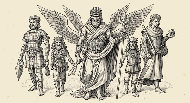 Ancient mythology illustration featuring a powerful winged deity with a trident surrounded by heroic and divine figures, classical art.