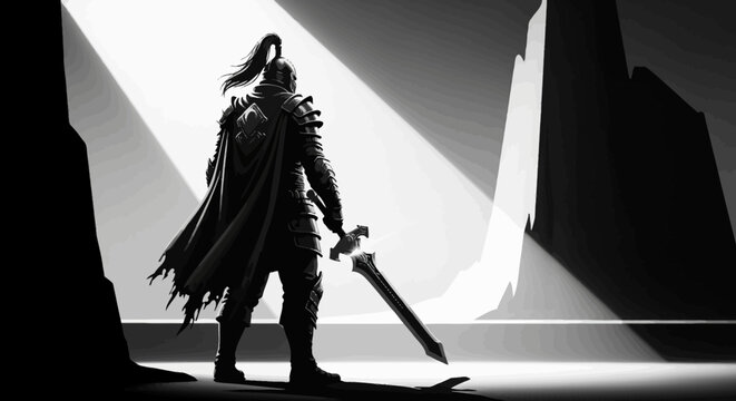 Dramatic black and white silhouette of a valiant warrior in armor with a sword, standing in a beam of light, ready for battle.