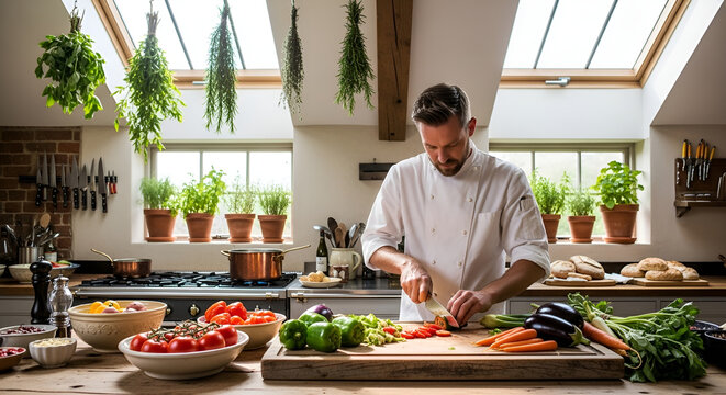 A chef in a modern kitchen preparing vegetables on a cutting board with natural light pouring in through skylights and windows