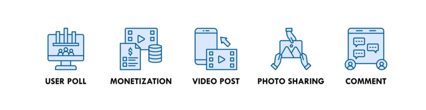 User Generated Content web icon illustration concept with icon of user poll, monetization, video post, photo sharing, and comment