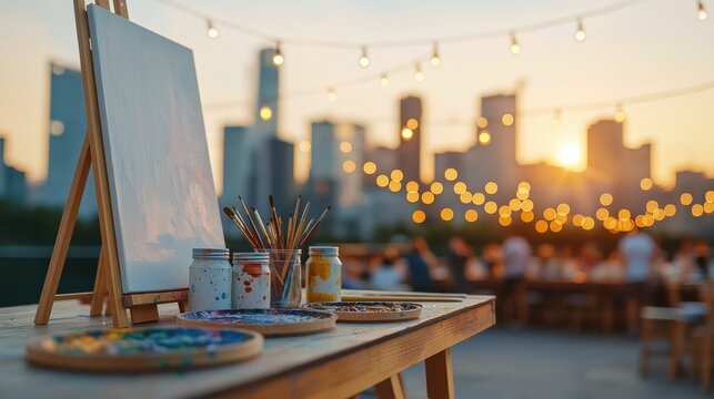 Easel, canvas, paintbrushes, and palettes on a table, ready for a creative art workshop on a city rooftop at sunset
