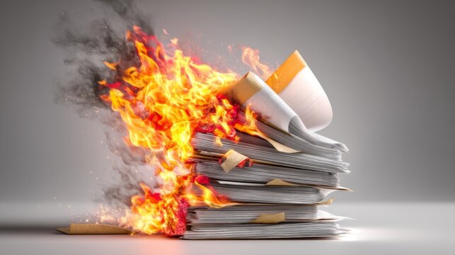 Stack of Papers Catching Fire at One Corner with Flames and Smoke